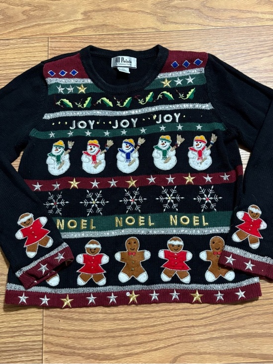 Reference Point Sweaters - Vintage Christmas Embroidered Beaded Gingerbread Snowman Grannycore Sweater S